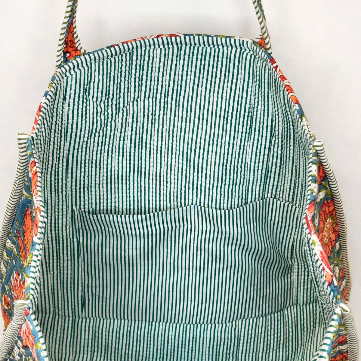QUILTED BLOCK-PRINT TOTE- TEAL BLOSSOM