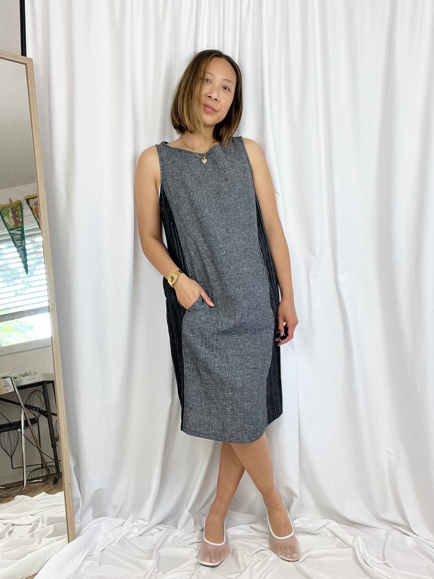 LINEN STRIPED GINGHAM DRESS