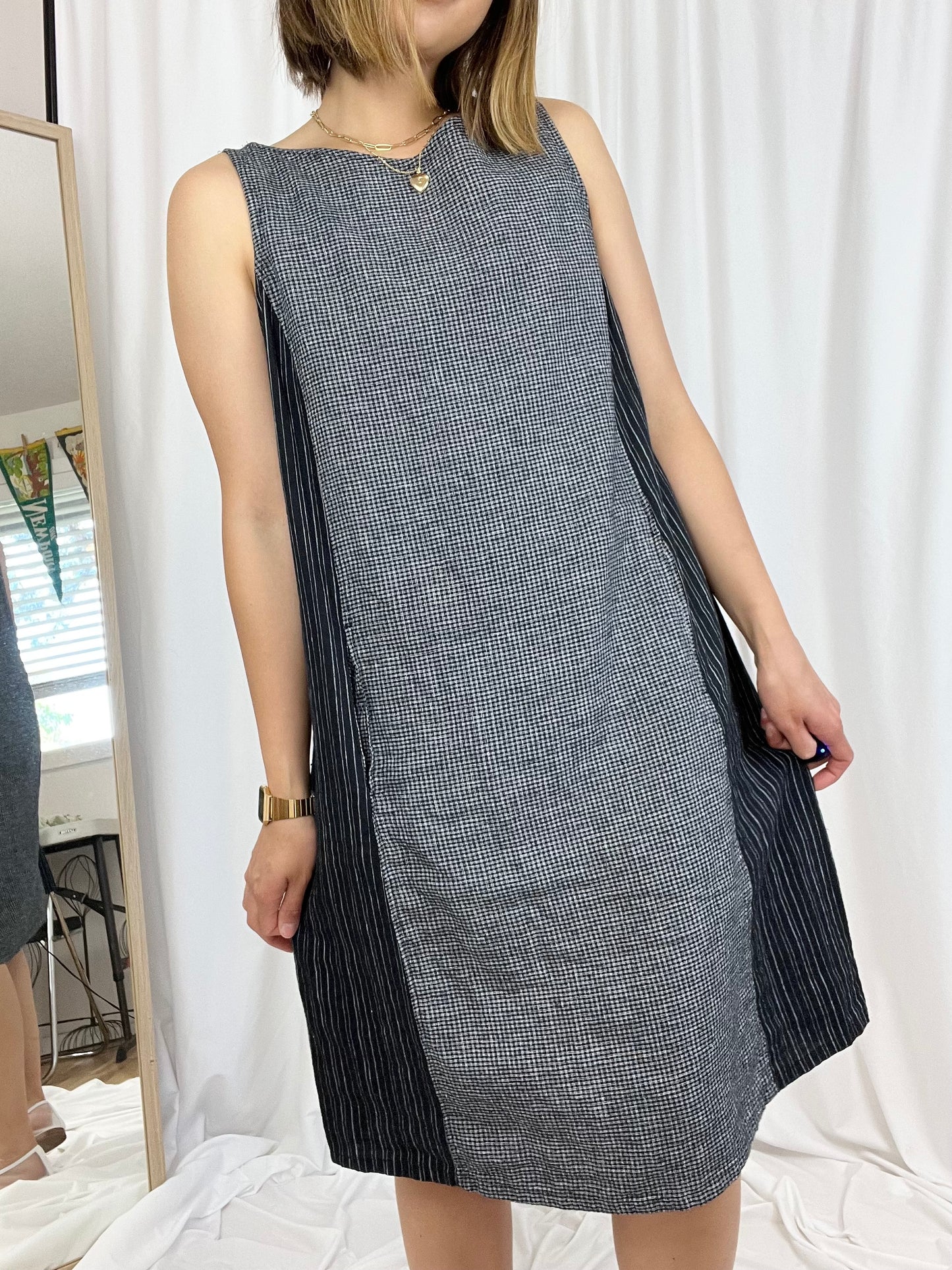 LINEN STRIPED GINGHAM DRESS
