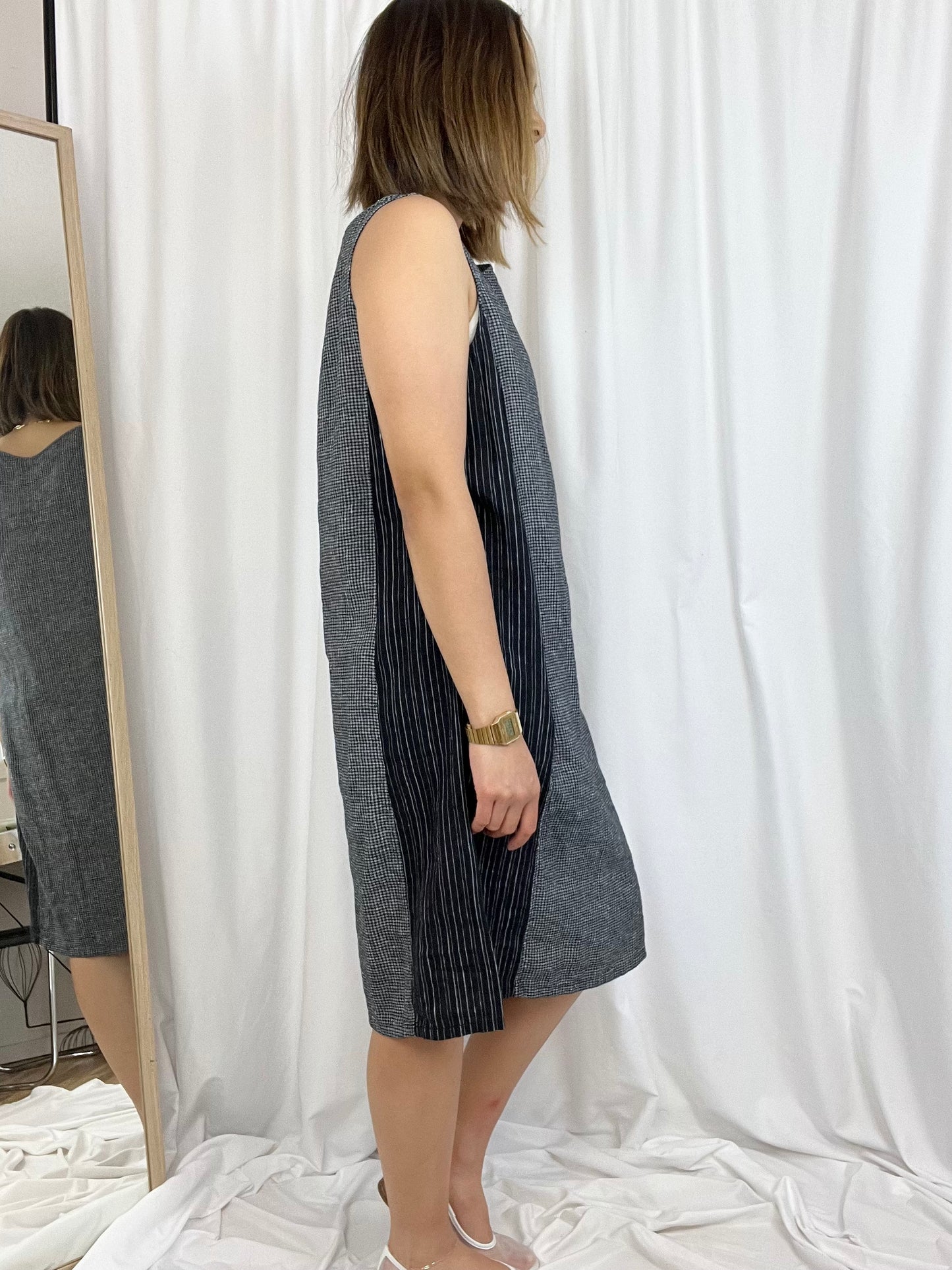 LINEN STRIPED GINGHAM DRESS