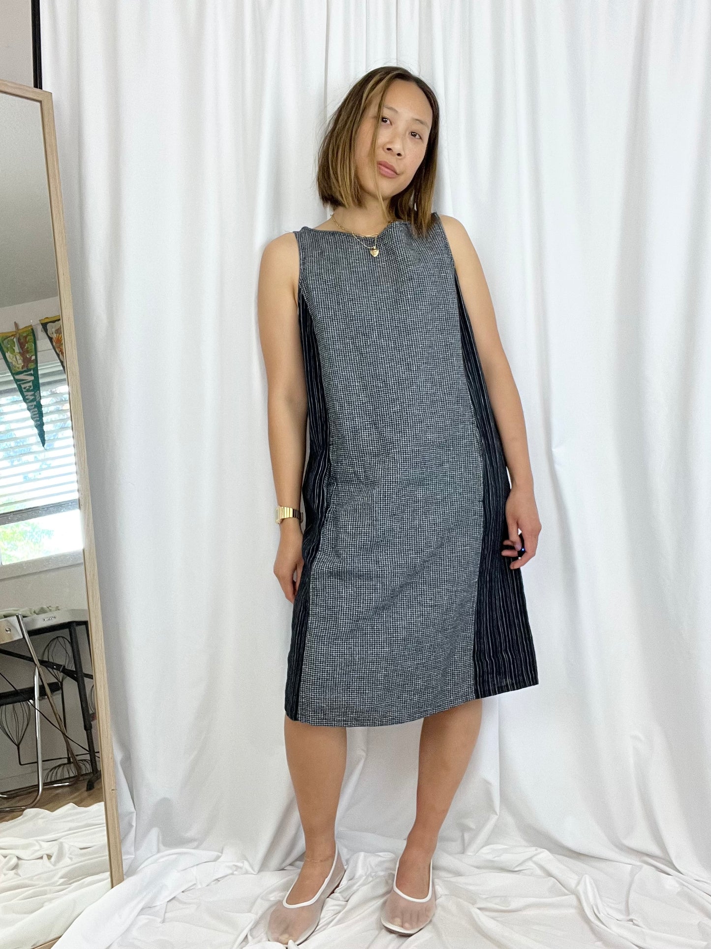 LINEN STRIPED GINGHAM DRESS