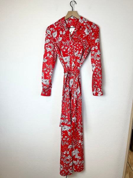 1970s RED FLORAL BUTTON DOWN MAXI DRESS