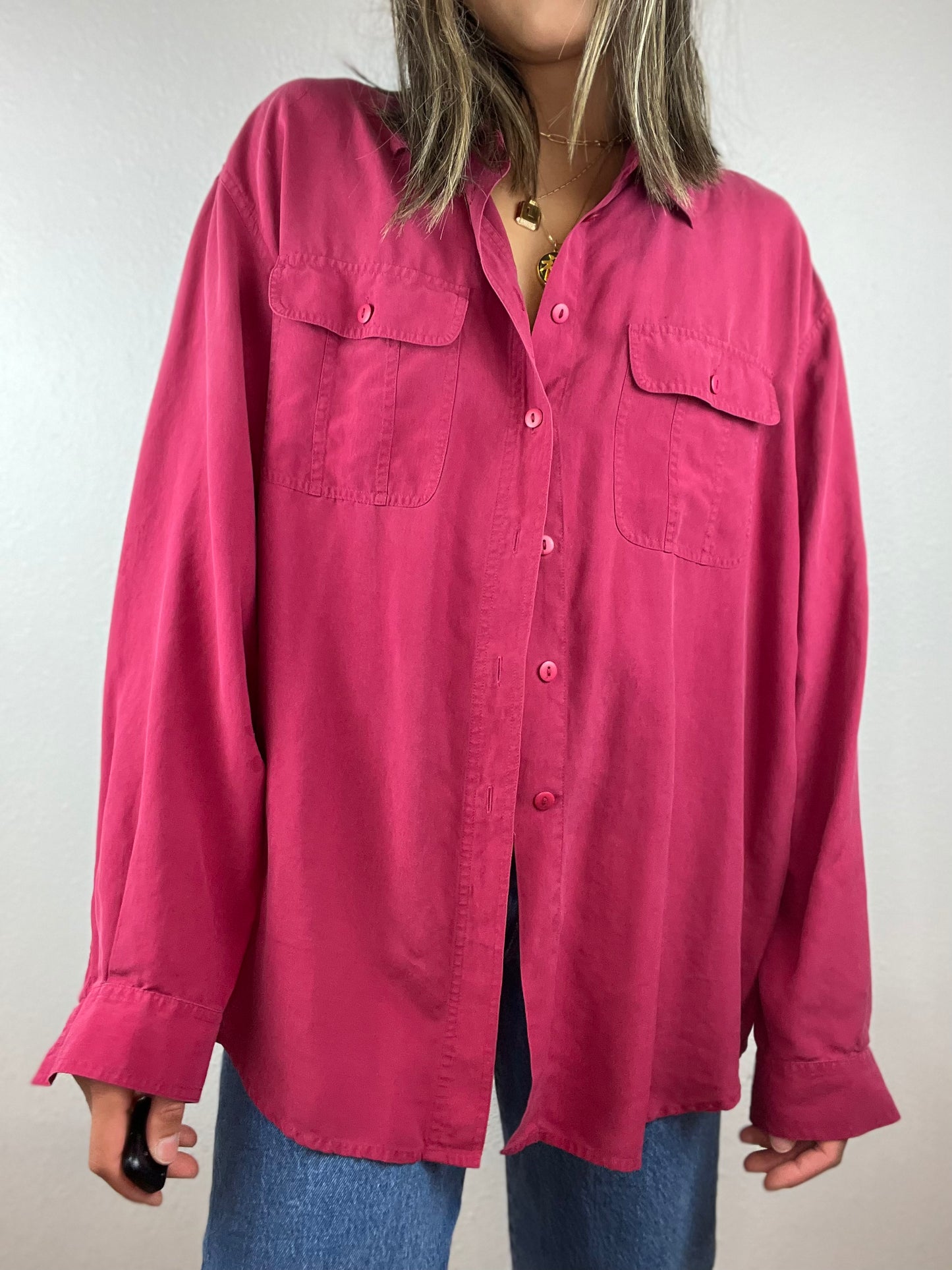Vintage Silky Dark Pink Button Up Top