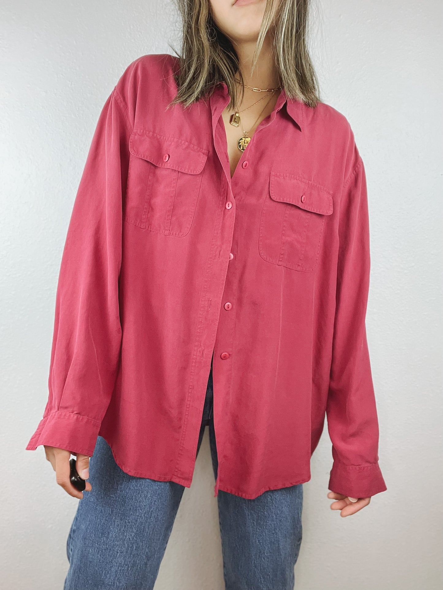 Vintage Silky Dark Pink Button Up Top
