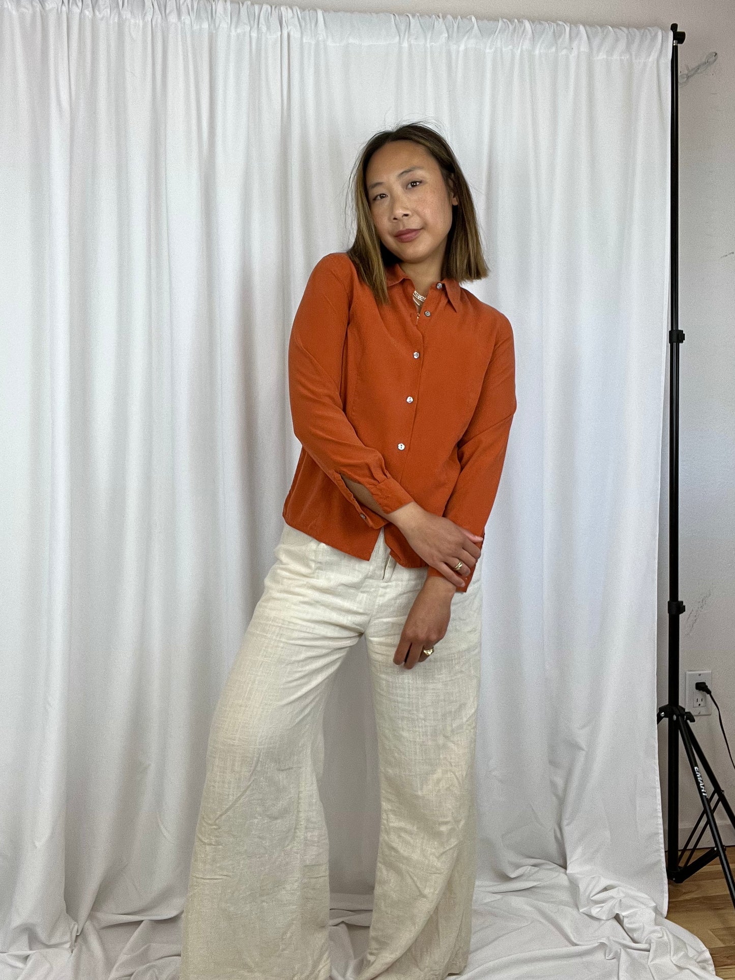 BURNT ORANGE SILK LONG SLEEVE TOP