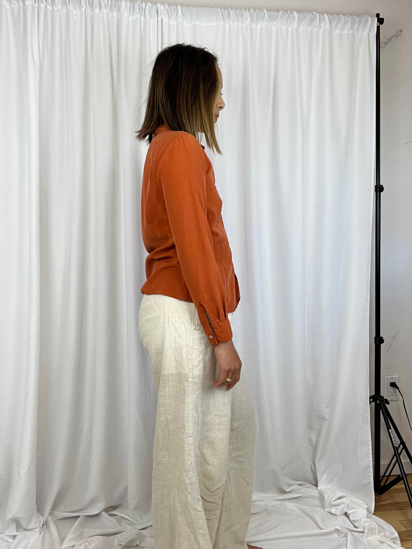 BURNT ORANGE SILK LONG SLEEVE TOP