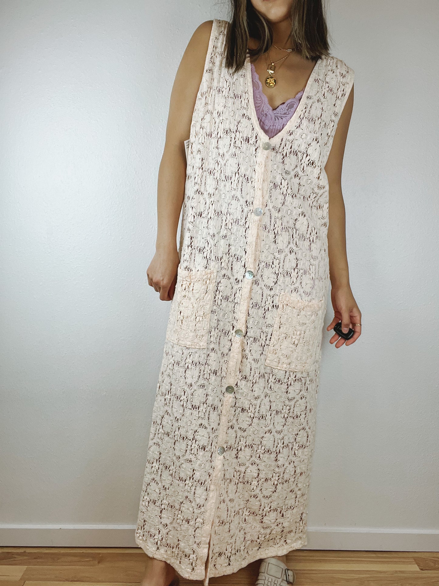 Open Knit Cream Button Up Dress