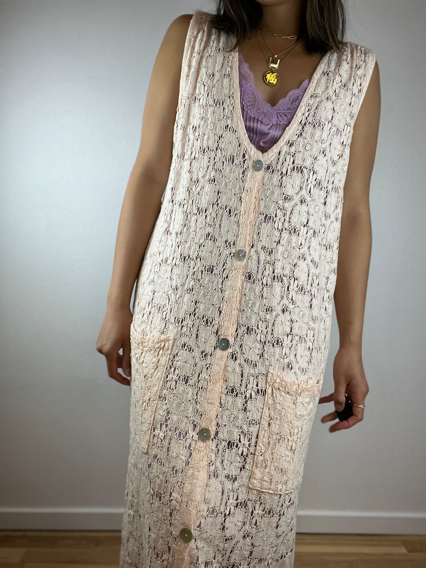 Open Knit Cream Button Up Dress