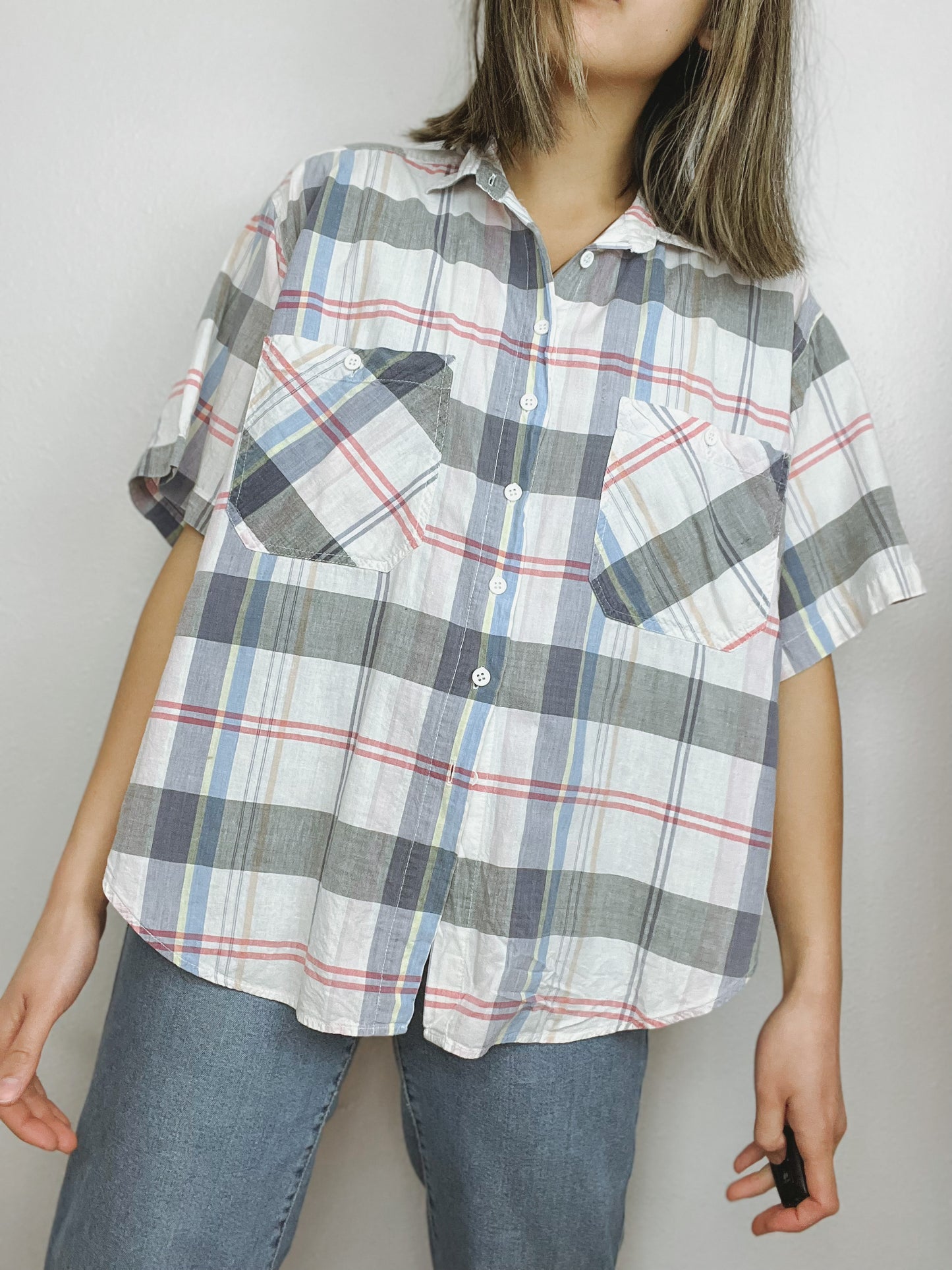 Madras Plaid Boxy Button Up Top
