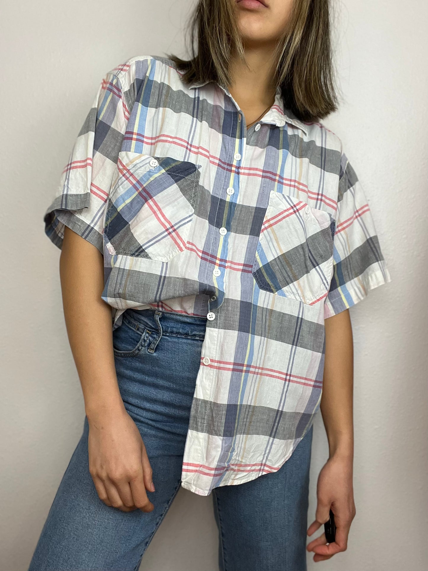 Madras Plaid Boxy Button Up Top