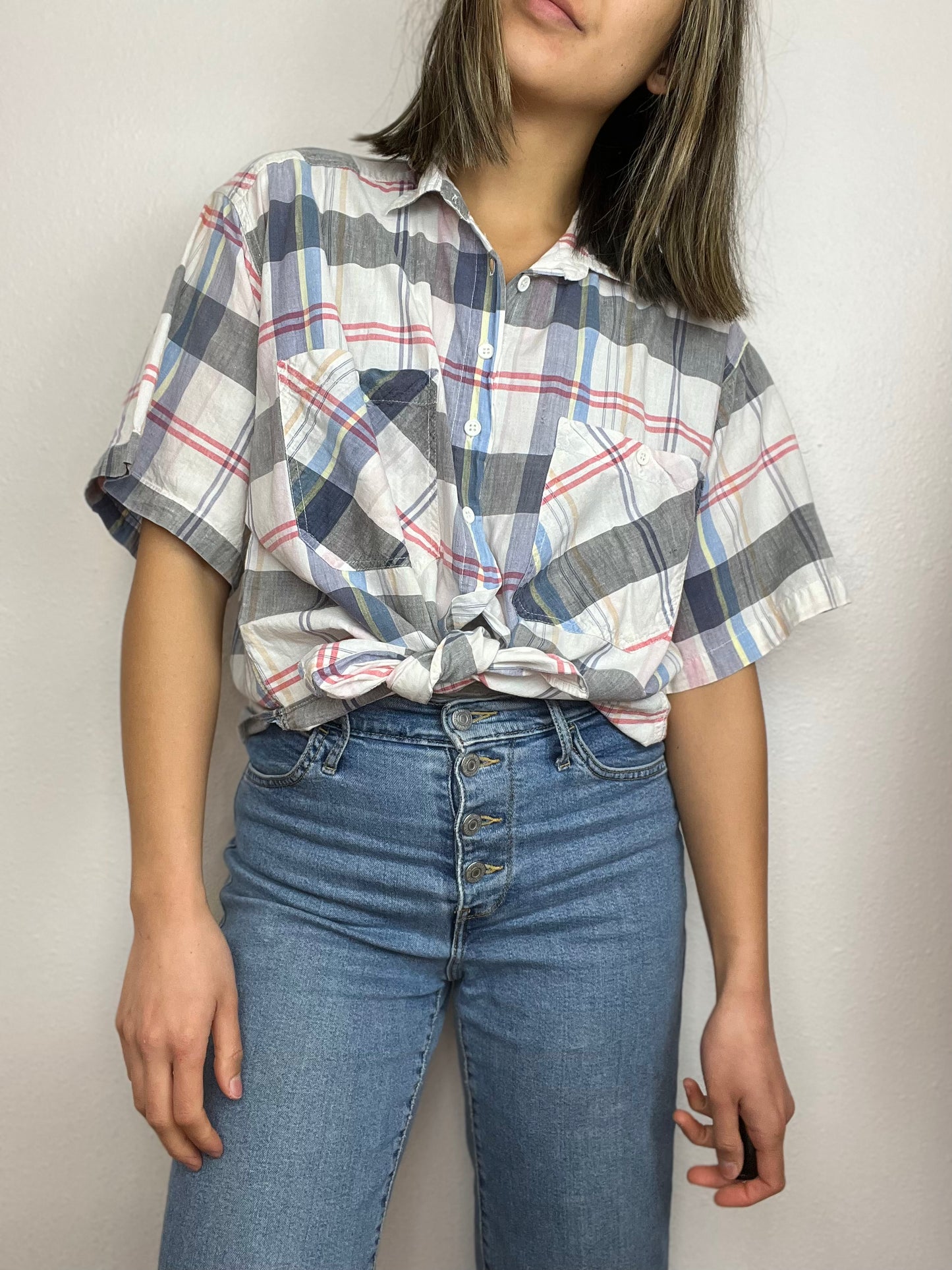 Madras Plaid Boxy Button Up Top
