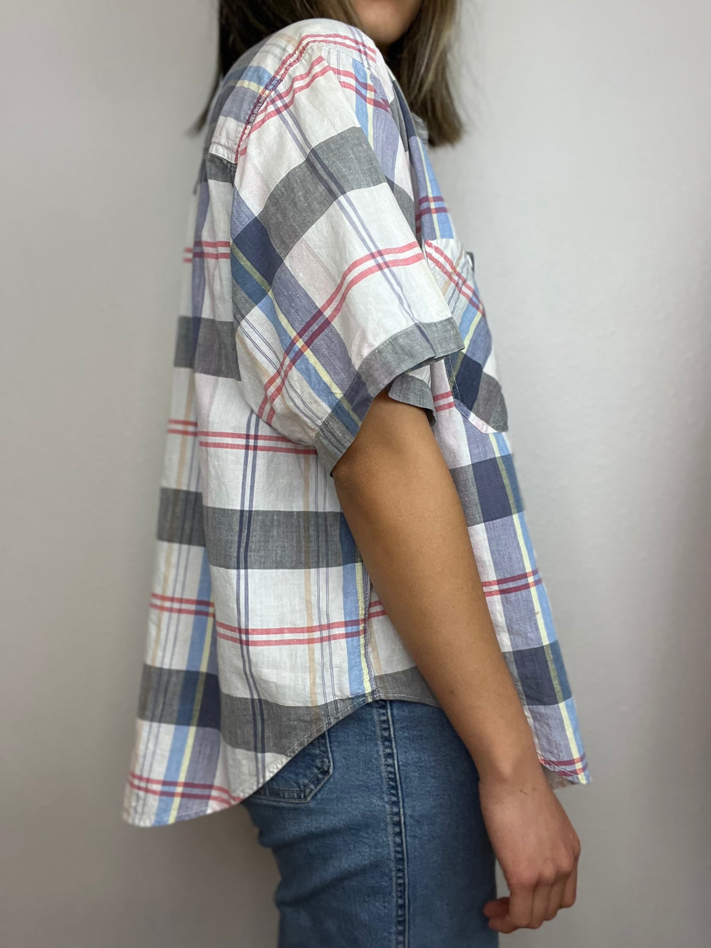 Madras Plaid Boxy Button Up Top
