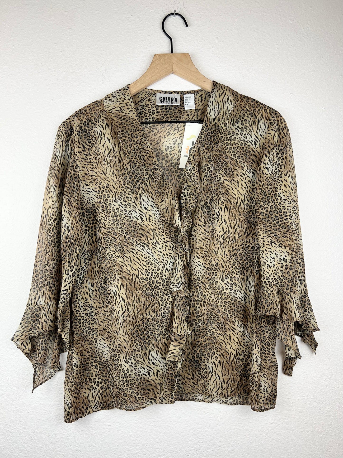 Chico's Silk Ruffle Cheetah Print Top