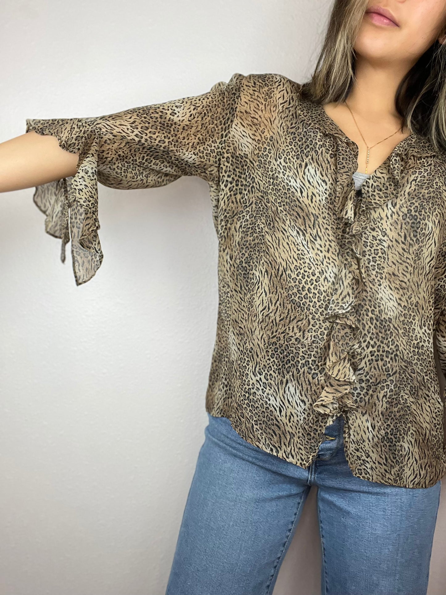 Chico's Silk Ruffle Cheetah Print Top