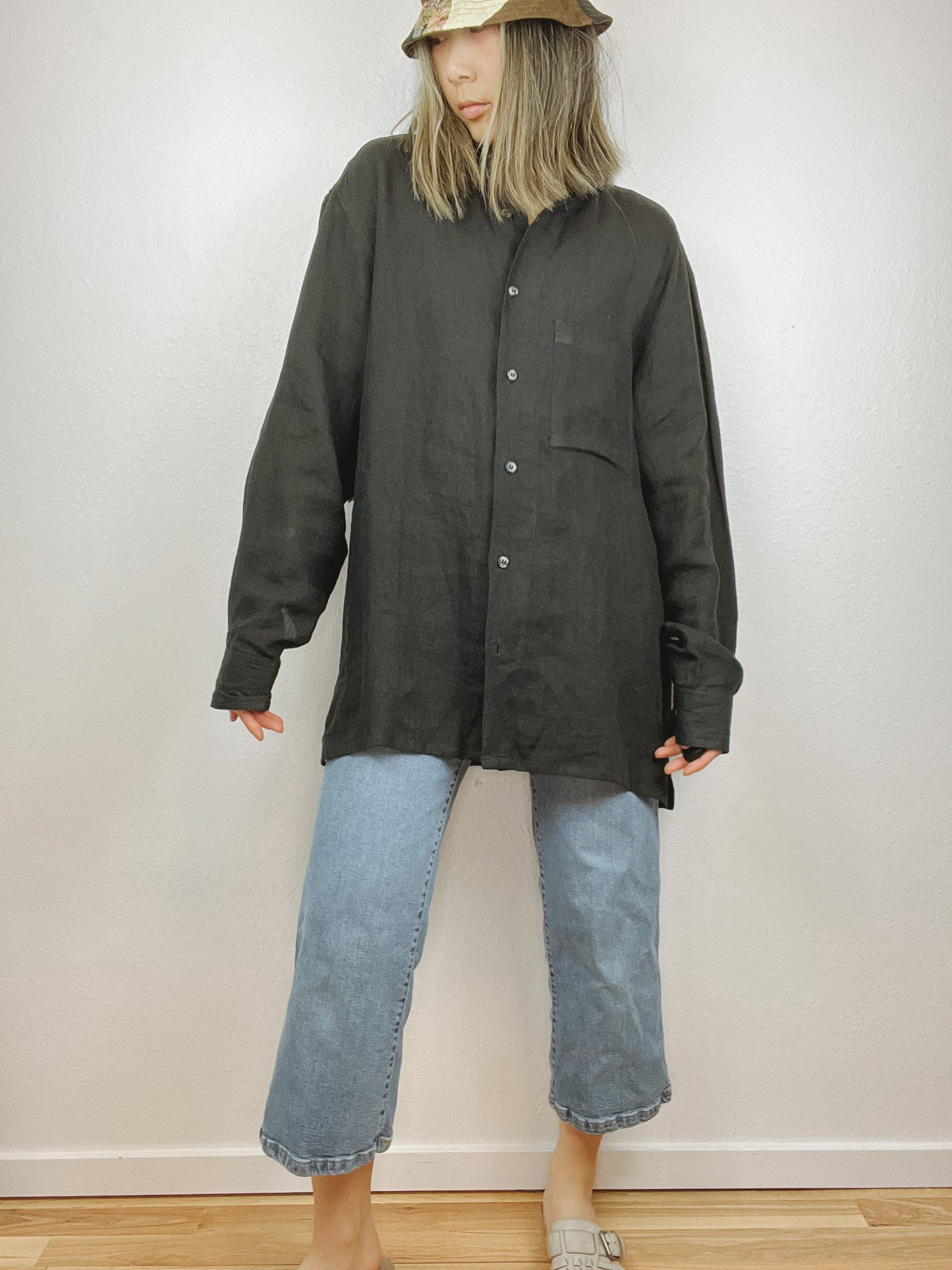 Slouchy Black Linen Button Up Top