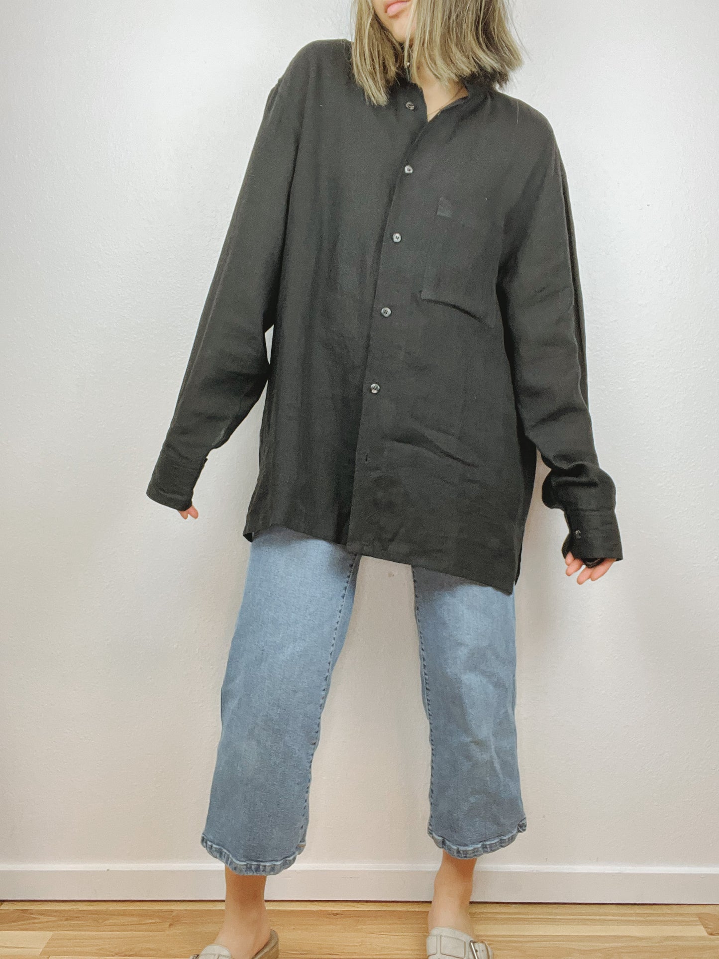 Slouchy Black Linen Button Up Top