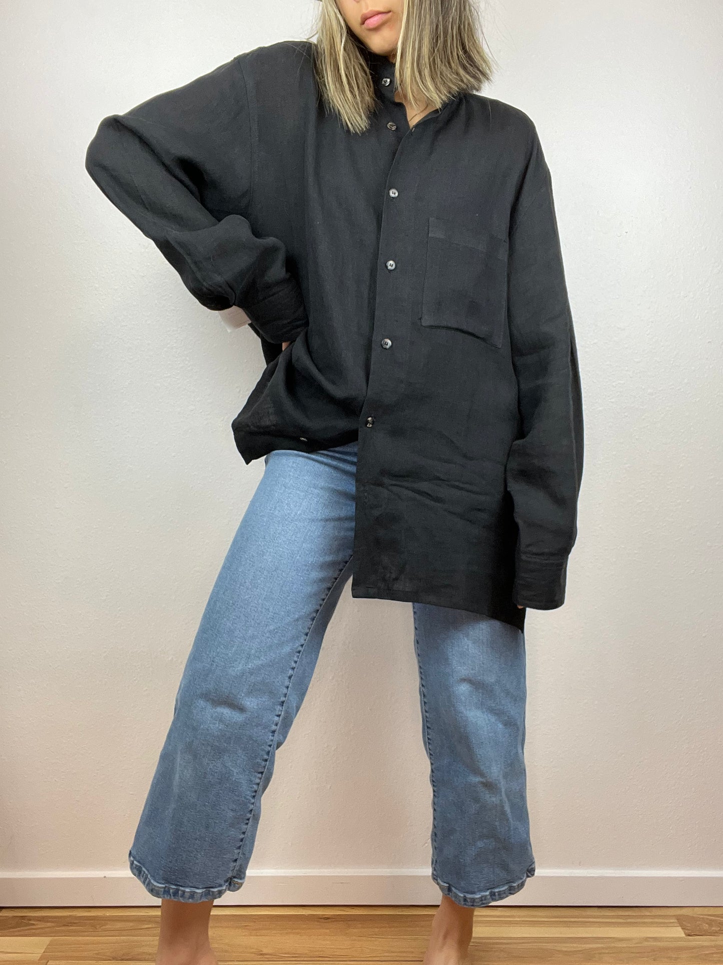 Slouchy Black Linen Button Up Top
