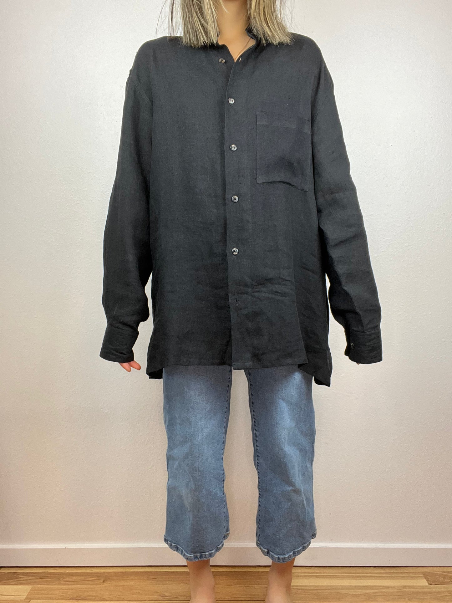Slouchy Black Linen Button Up Top