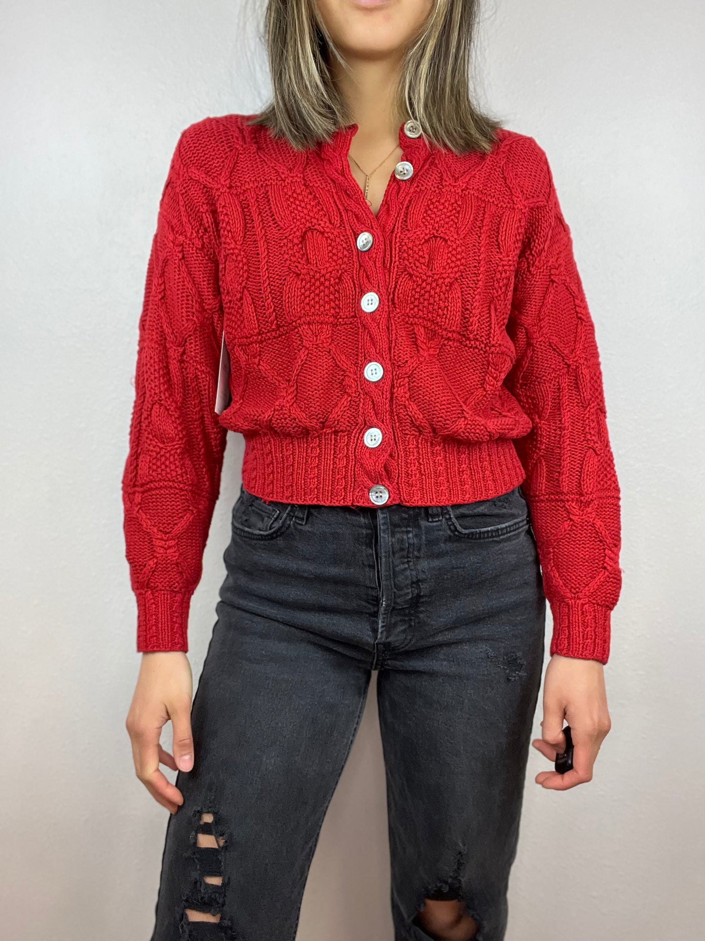 Cropped Red Knit Cardigan