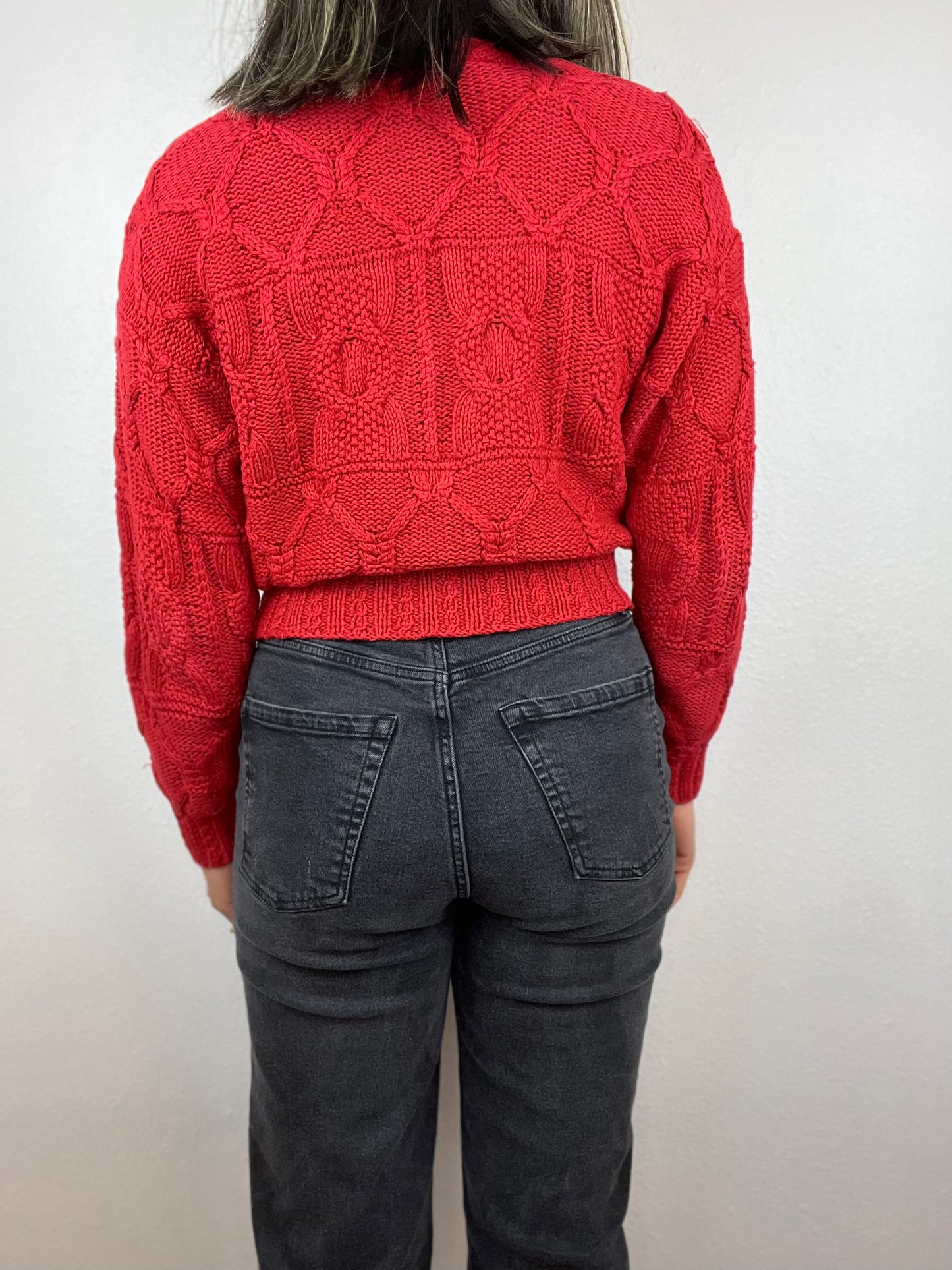 Cropped Red Knit Cardigan