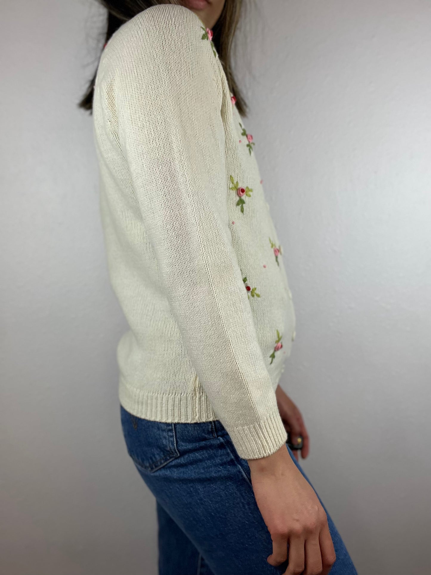 Lambswool Embroidered Rose Floral Cardigan