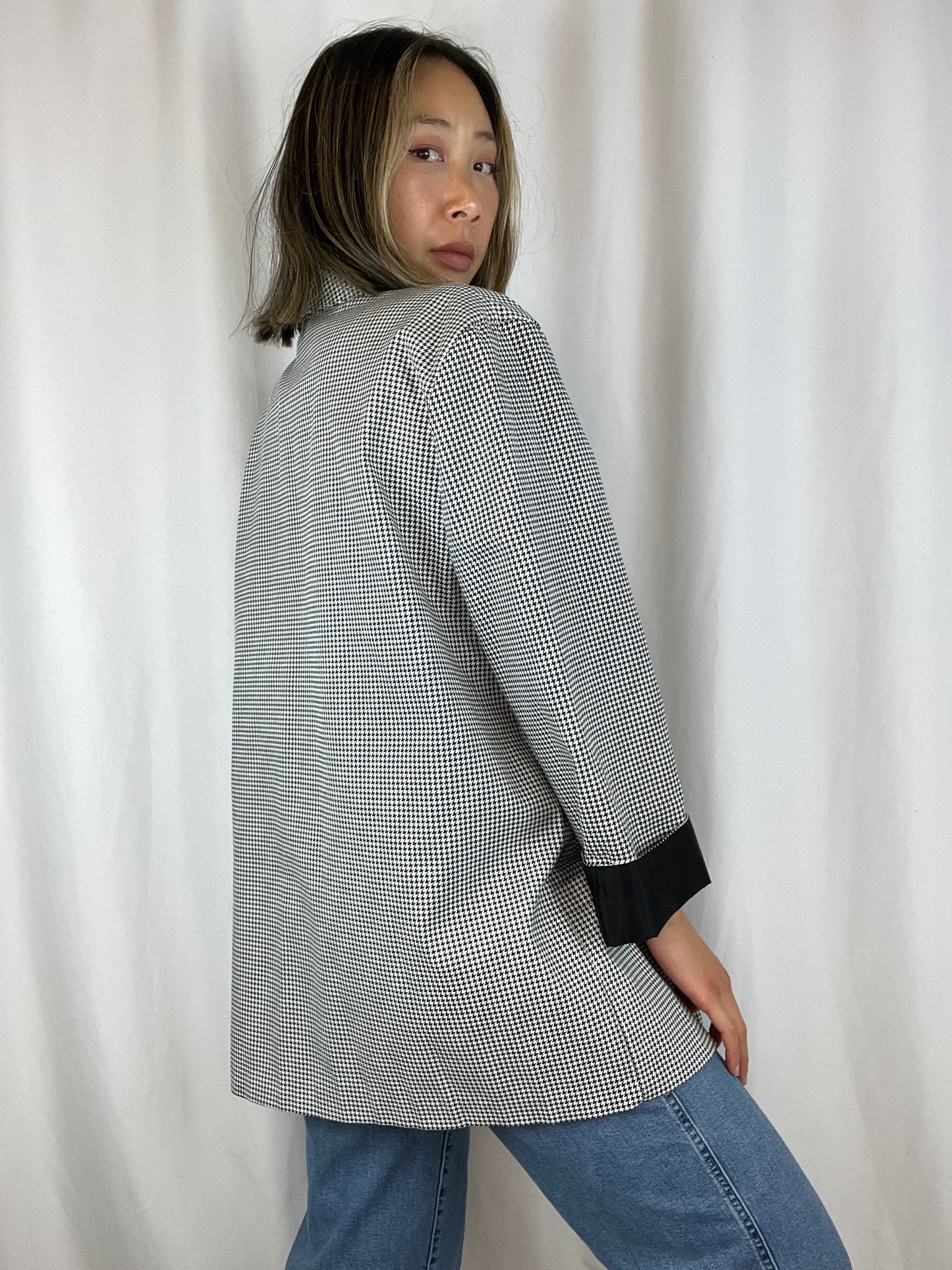 1-Button Houndstooth Plaid Blazer