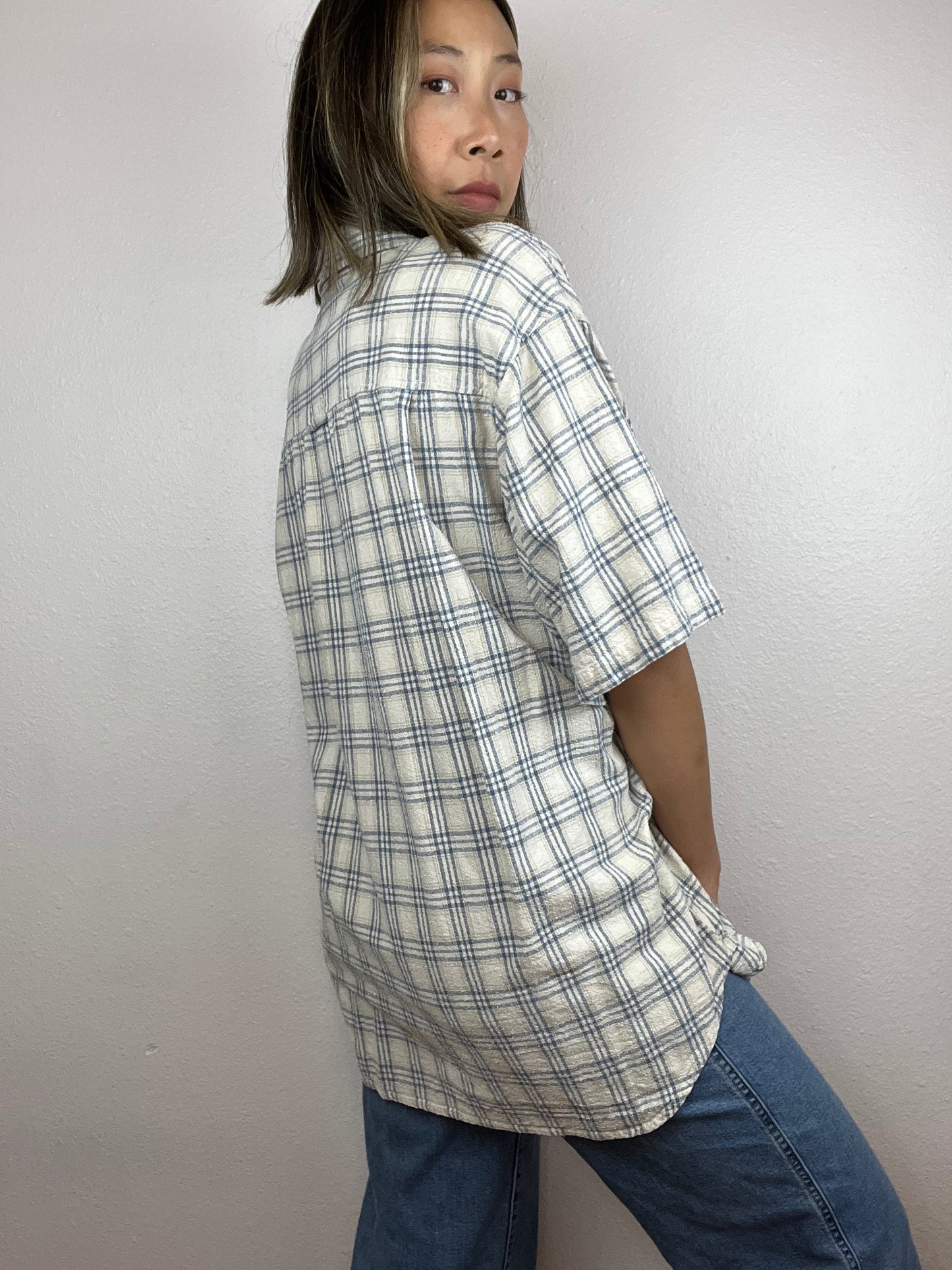 100% Raw Silk Plaid Button Up Top
