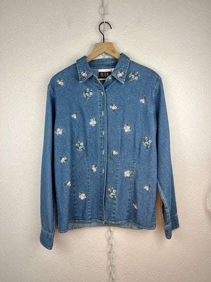 EMBROIDERED FLORAL DENIM BUTTON DOWN