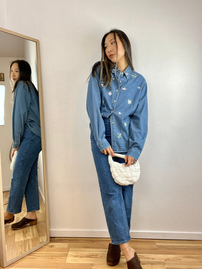 EMBROIDERED FLORAL DENIM BUTTON DOWN