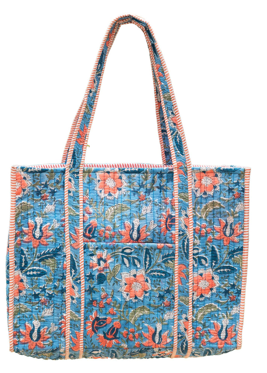 QUILTED BLOCK-PRINT TOTE- PEACH WILDFLOWERS