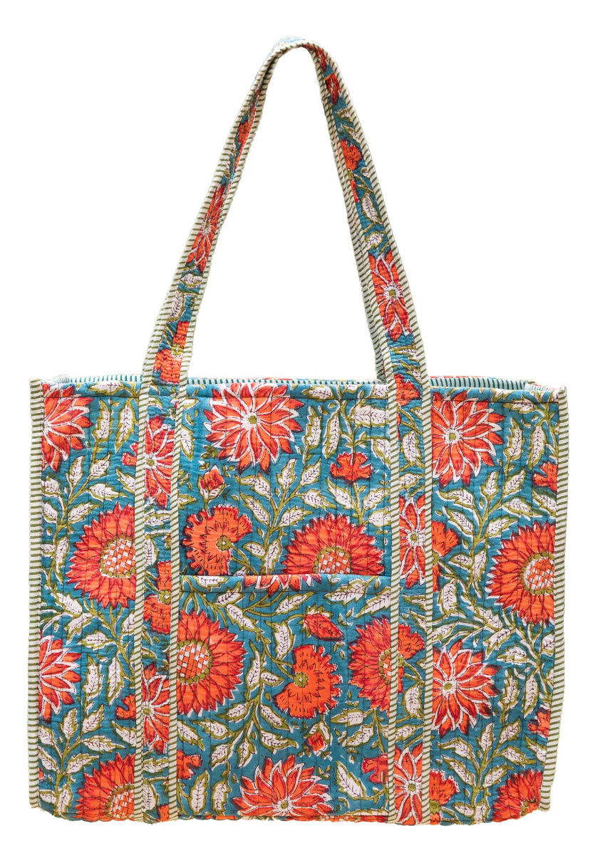 QUILTED BLOCK-PRINT TOTE- TEAL BLOSSOM