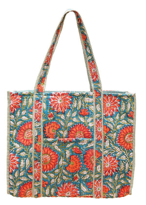 QUILTED BLOCK-PRINT TOTE- TEAL BLOSSOM