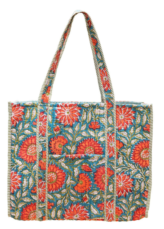 QUILTED BLOCK-PRINT TOTE- TEAL BLOSSOM