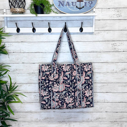 QUILTED BLOCK-PRINT TOTE- MIDNIGHT DESERT