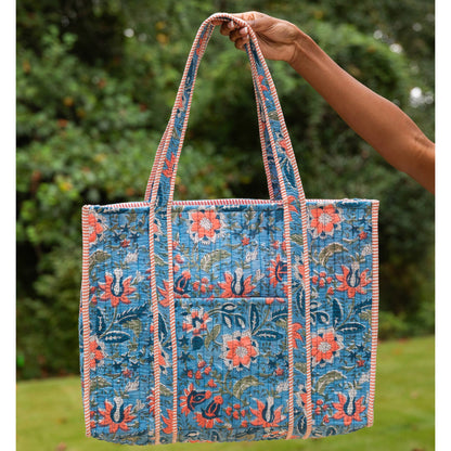 QUILTED BLOCK-PRINT TOTE- PEACH WILDFLOWERS