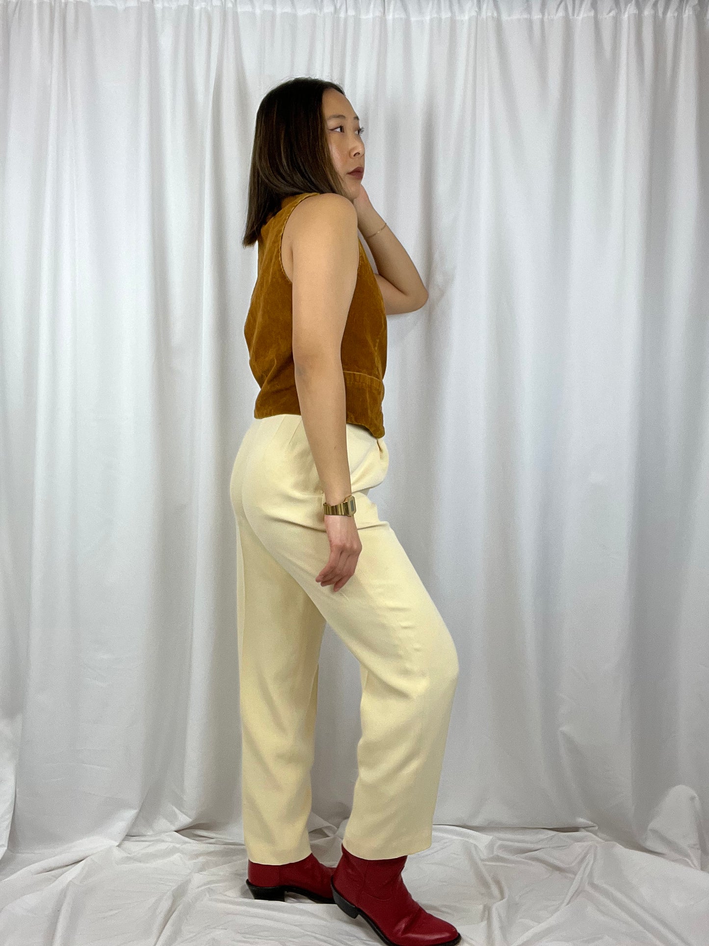 STRAIGHT LEG CREAM SILK TROUSERS | 26" WAIST