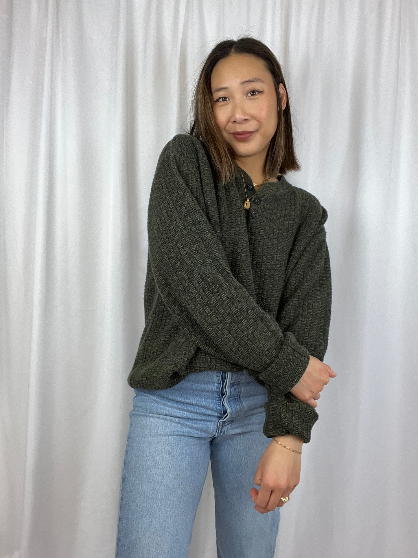 COTTON WAFFLEKNIT HENLEY SWEATER