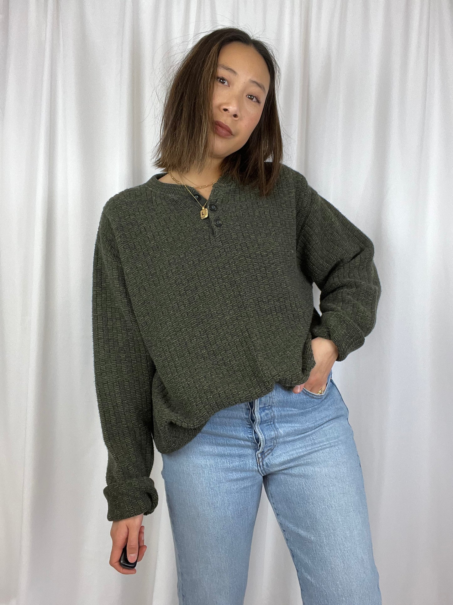 COTTON WAFFLEKNIT HENLEY SWEATER