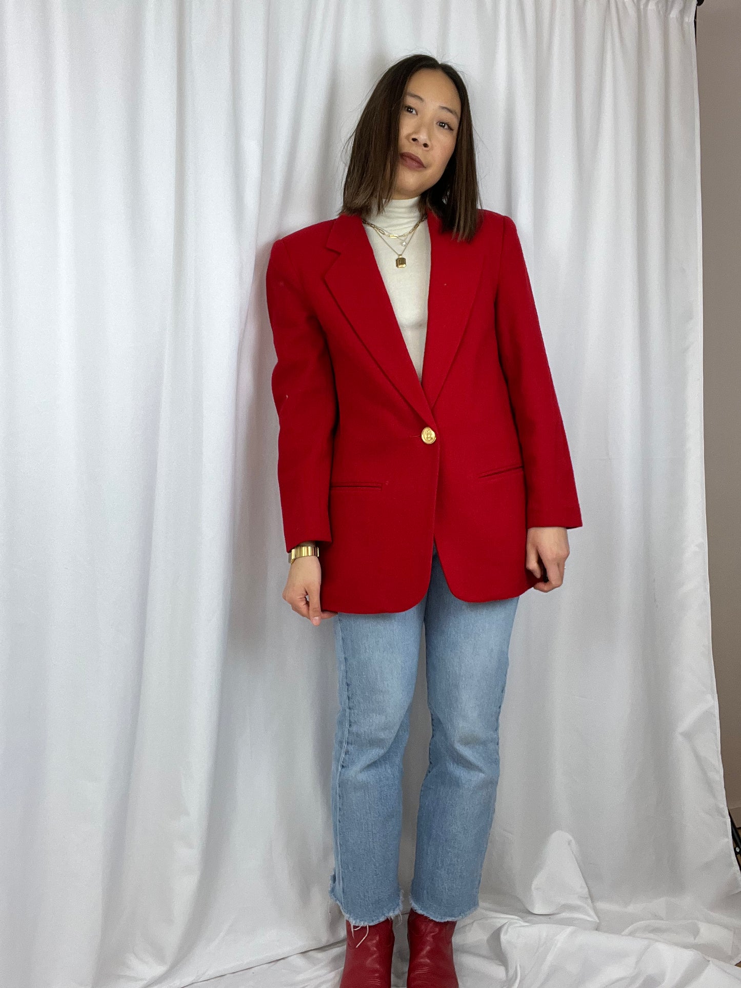 RED WOOL ONE-BUTTON BLAZER