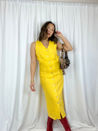 YELLOW LINEN BUTTON FRONT DRESS