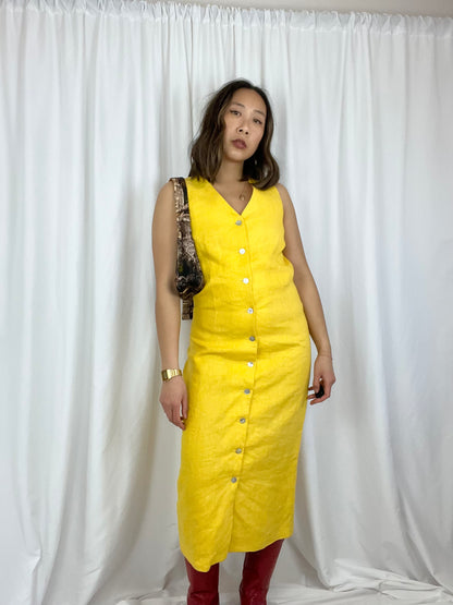 YELLOW LINEN BUTTON FRONT DRESS
