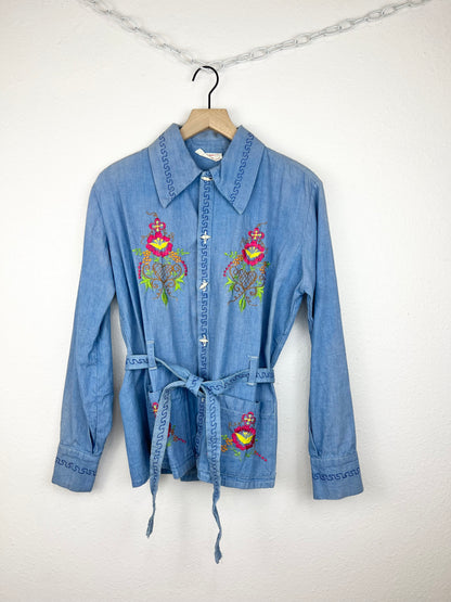 EMBROIDERED DENIM TIE TOP
