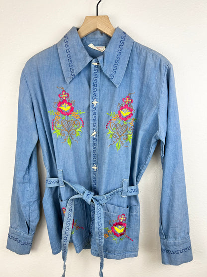 EMBROIDERED DENIM TIE TOP