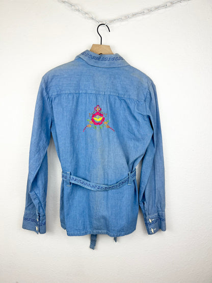 EMBROIDERED DENIM TIE TOP