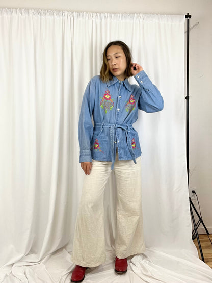 EMBROIDERED DENIM TIE TOP