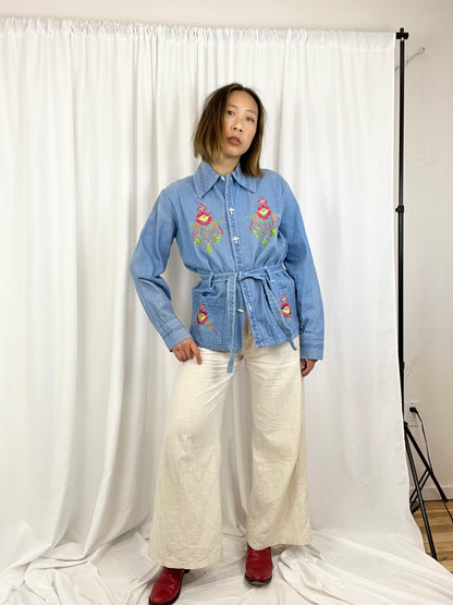 EMBROIDERED DENIM TIE TOP