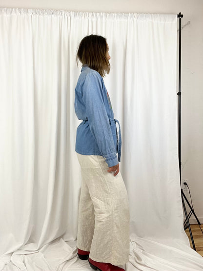 EMBROIDERED DENIM TIE TOP