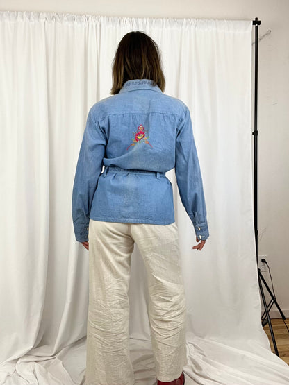 EMBROIDERED DENIM TIE TOP