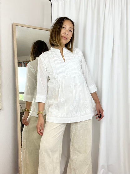 WHITE EMBROIDERED 3/4 SLEEVE TUNIC TOP