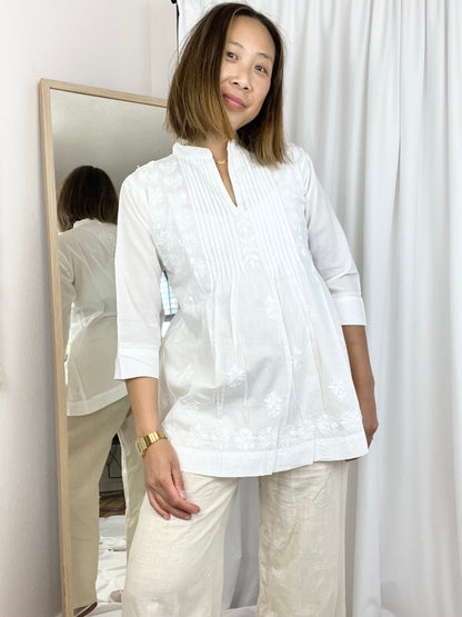 WHITE EMBROIDERED 3/4 SLEEVE TUNIC TOP